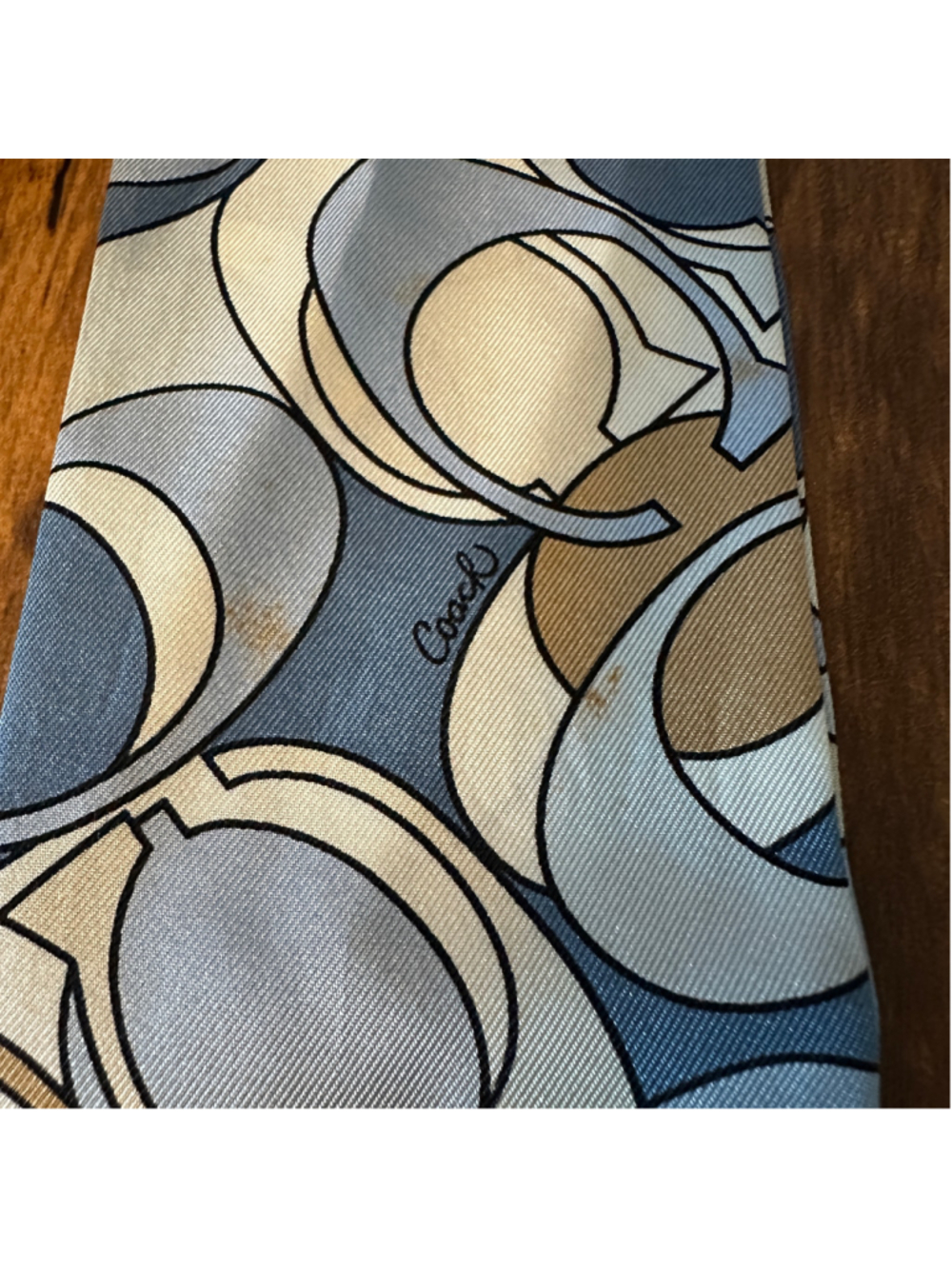 Coach Signature Logo Silk Scarf Blue Beige Twilly Neckerchief Bag Handle Wrap - Picture 6 of 6